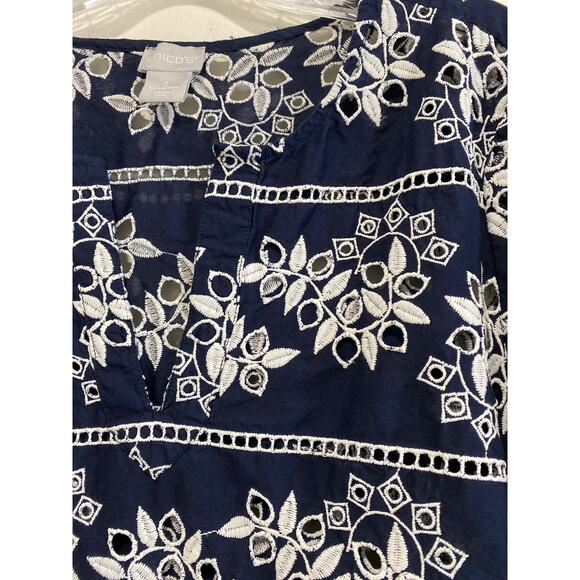 Chico’s Floral Embroidered Eyelet Tunic Top Womens Sz L Pullover Balloon Sleeves - Picture 5 of 13